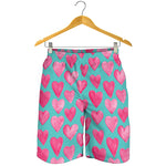 Pink And Teal Watercolor Heart Print Men's Shorts