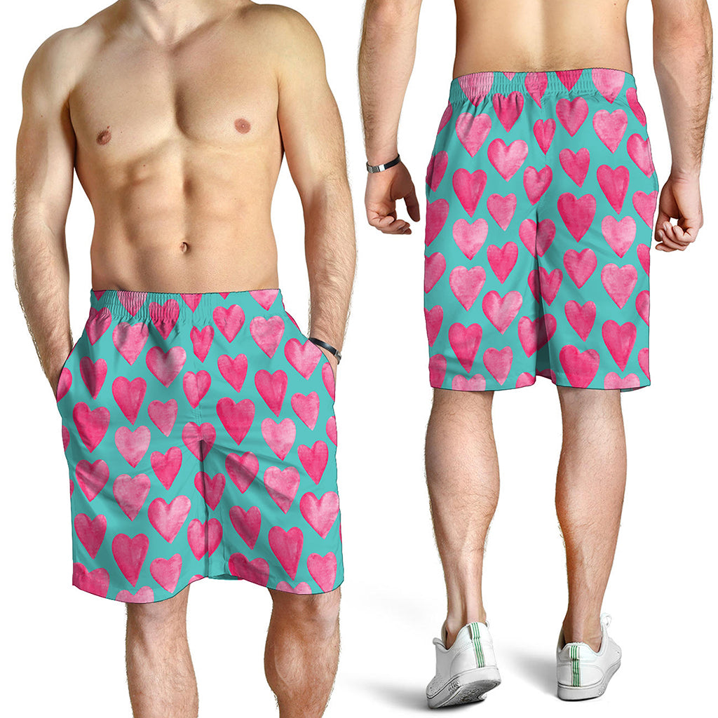 Pink And Teal Watercolor Heart Print Men's Shorts