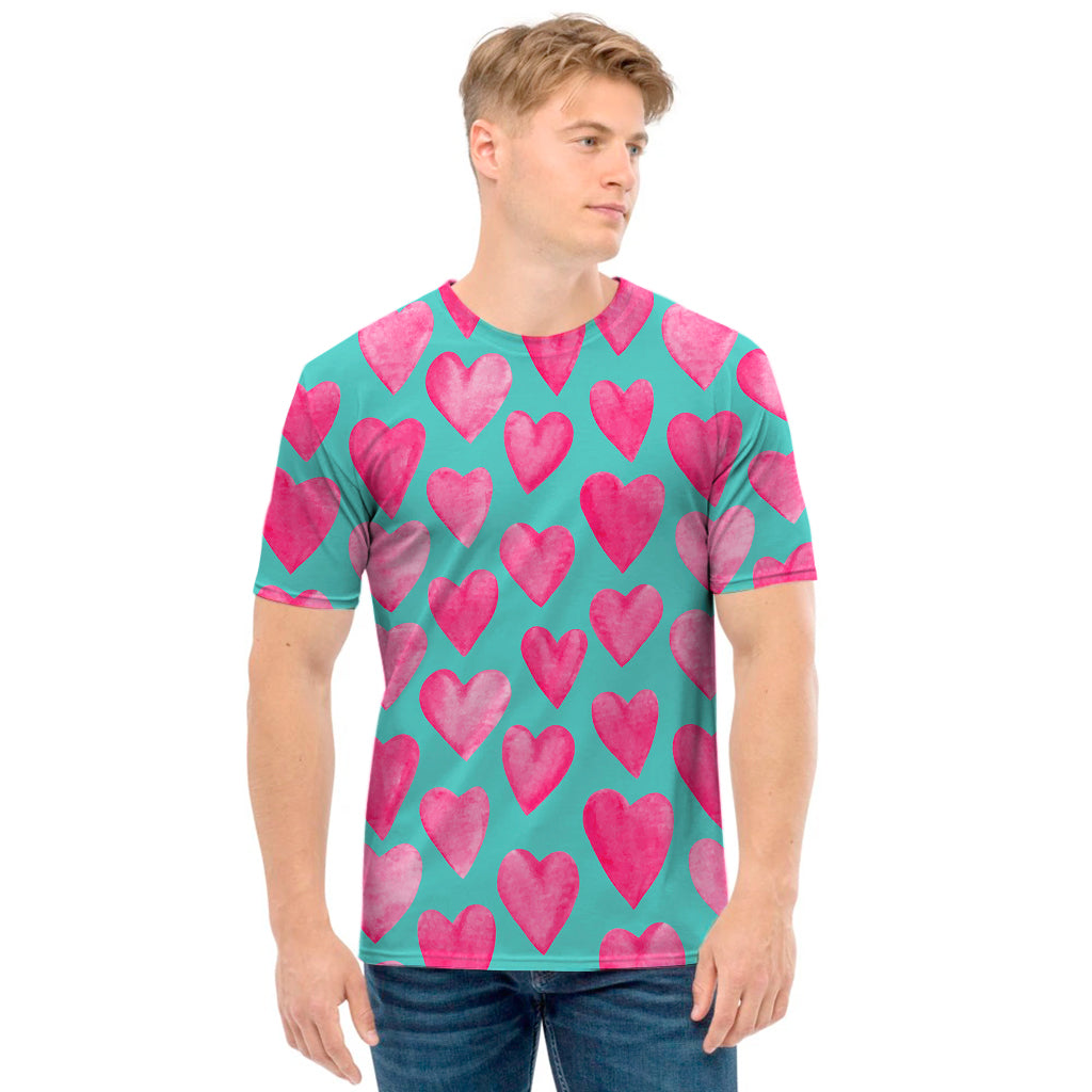 Pink And Teal Watercolor Heart Print Men's T-Shirt
