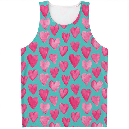 Pink And Teal Watercolor Heart Print Men's Tank Top