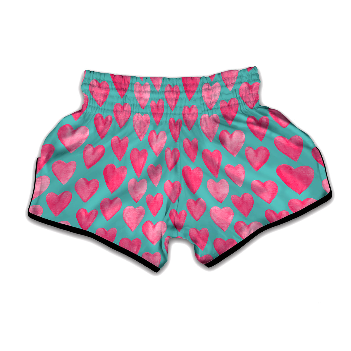 Pink And Teal Watercolor Heart Print Muay Thai Boxing Shorts
