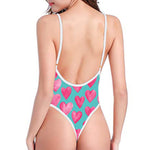 Pink And Teal Watercolor Heart Print One Piece High Cut Swimsuit