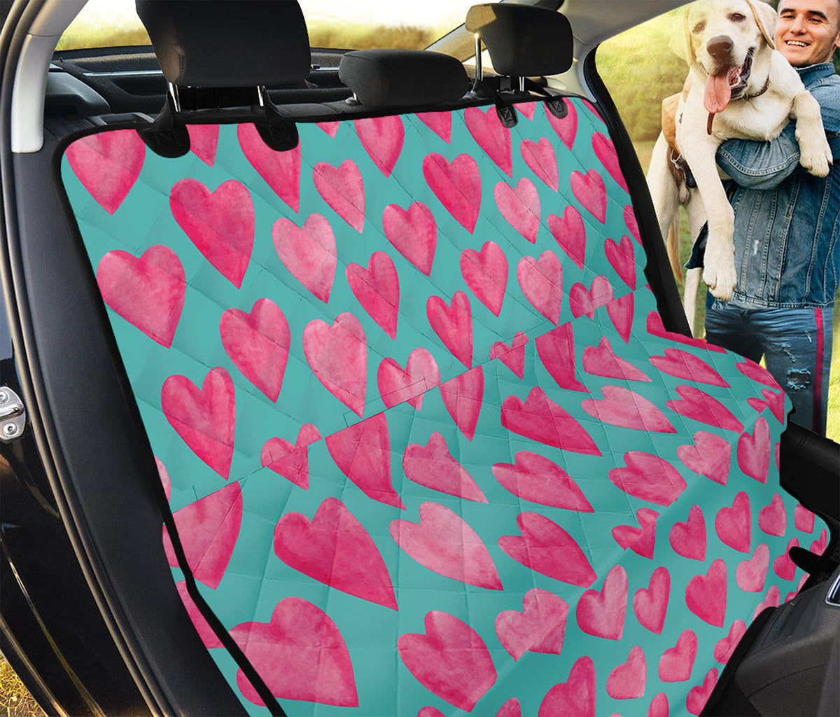 Pink And Teal Watercolor Heart Print Pet Car Back Seat Cover