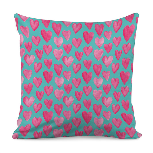 Pink And Teal Watercolor Heart Print Pillow Cover