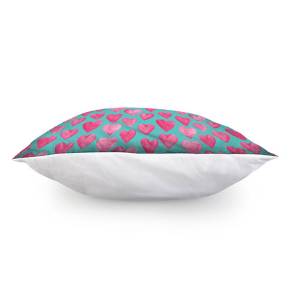 Pink And Teal Watercolor Heart Print Pillow Cover
