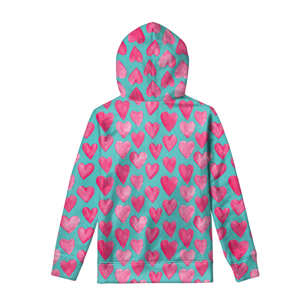 Pink And Teal Watercolor Heart Print Pullover Hoodie