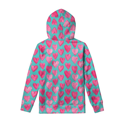 Pink And Teal Watercolor Heart Print Pullover Hoodie