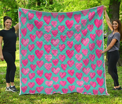 Pink And Teal Watercolor Heart Print Quilt