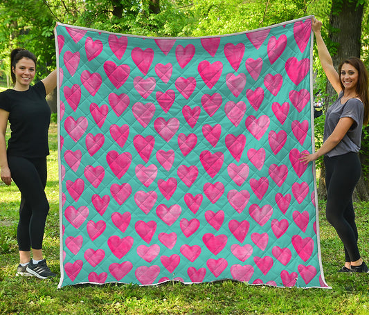 Pink And Teal Watercolor Heart Print Quilt