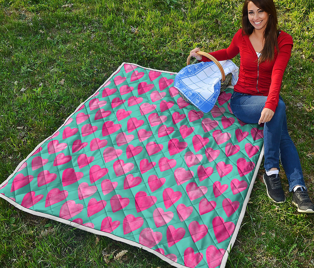 Pink And Teal Watercolor Heart Print Quilt