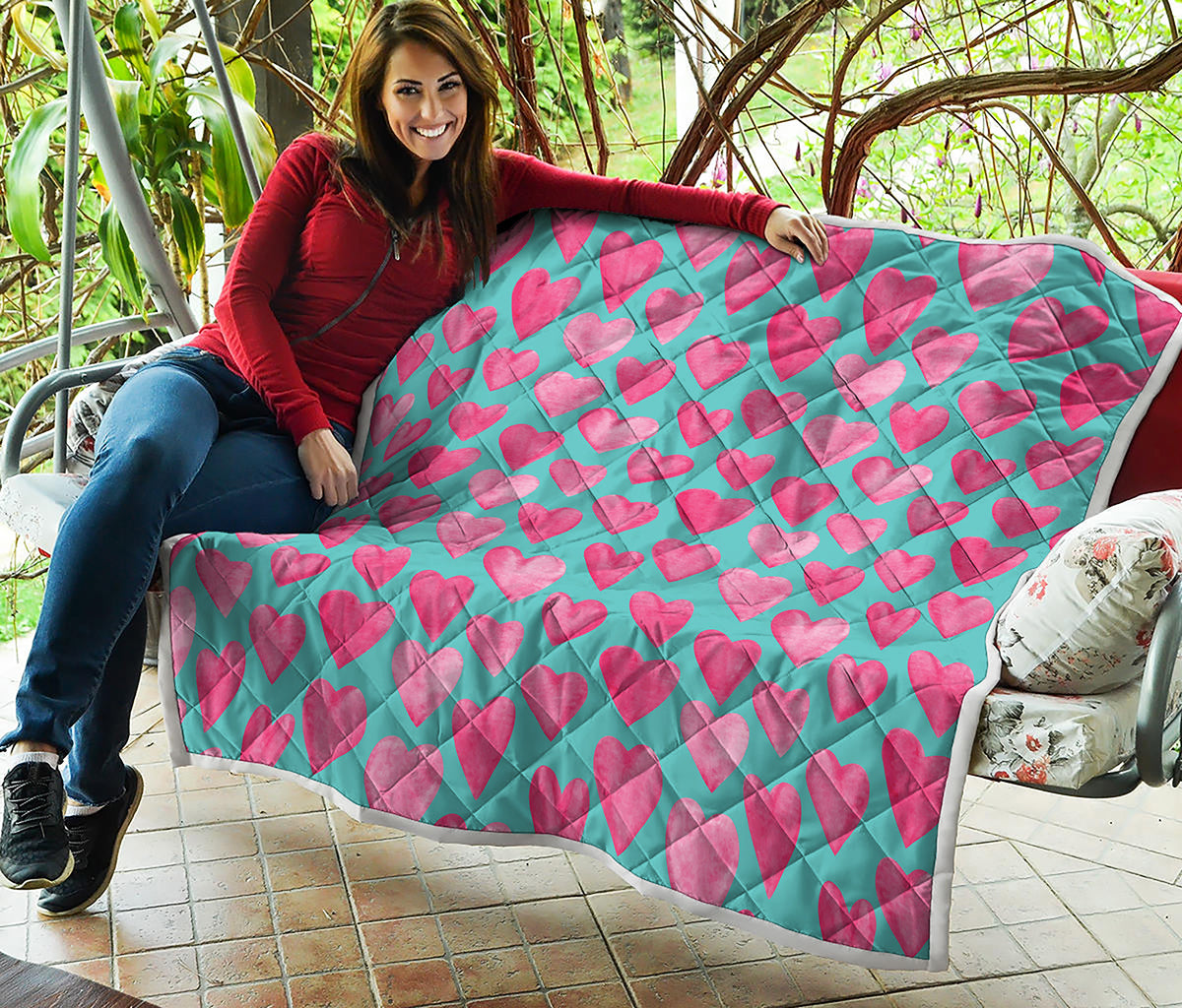 Pink And Teal Watercolor Heart Print Quilt
