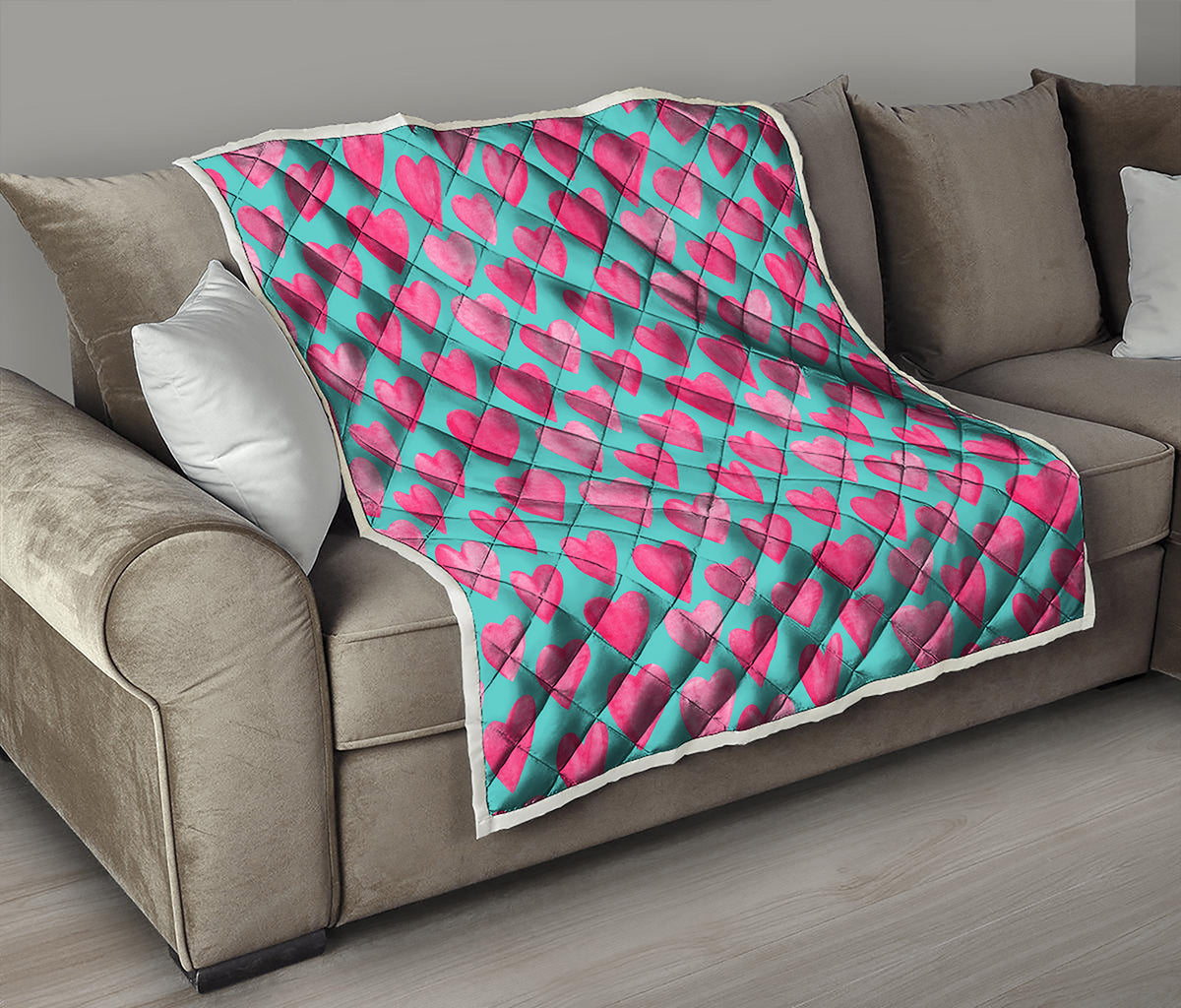 Pink And Teal Watercolor Heart Print Quilt