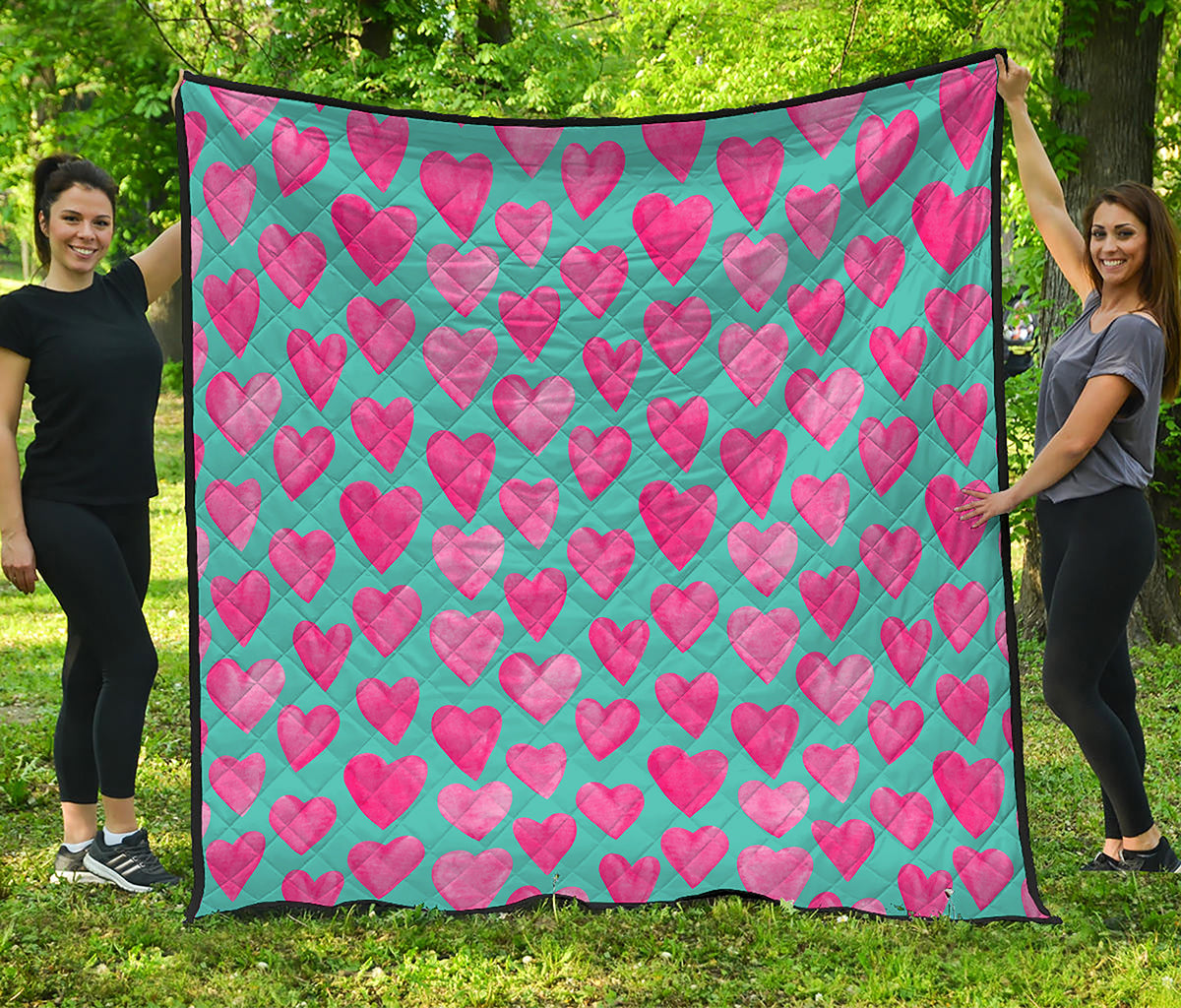 Pink And Teal Watercolor Heart Print Quilt