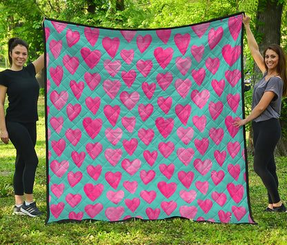 Pink And Teal Watercolor Heart Print Quilt