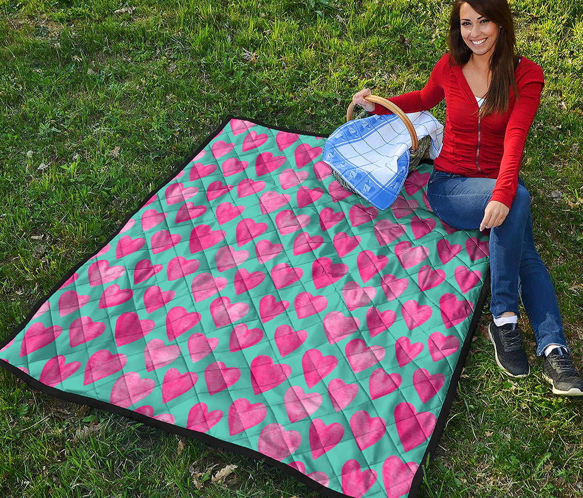 Pink And Teal Watercolor Heart Print Quilt