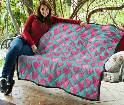 Pink And Teal Watercolor Heart Print Quilt