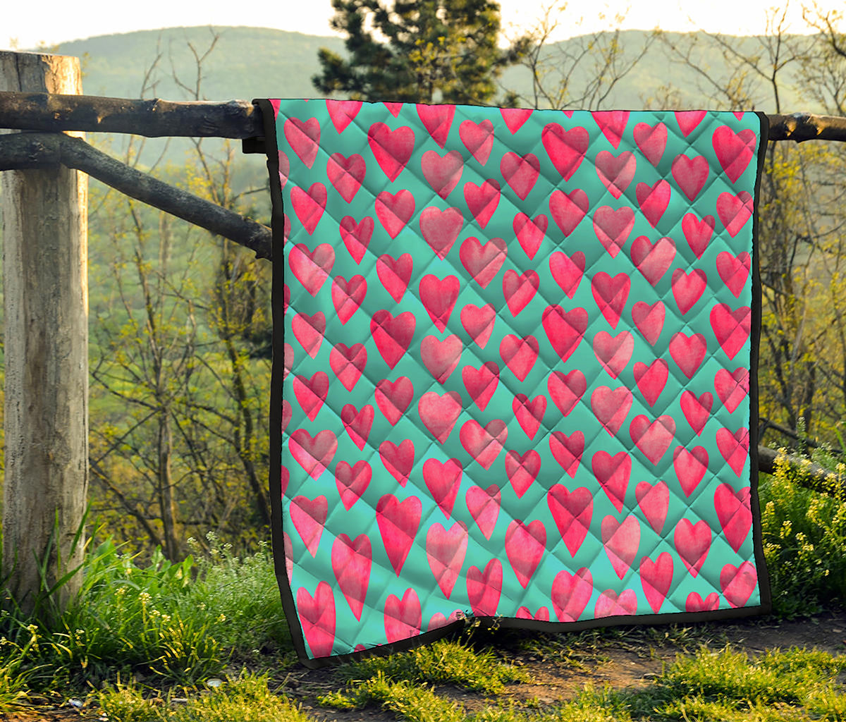 Pink And Teal Watercolor Heart Print Quilt
