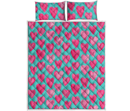 Pink And Teal Watercolor Heart Print Quilt Bed Set