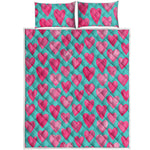Pink And Teal Watercolor Heart Print Quilt Bed Set
