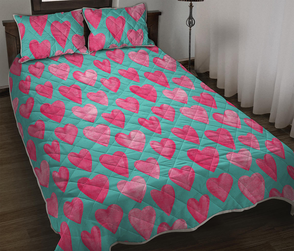 Pink And Teal Watercolor Heart Print Quilt Bed Set