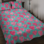 Pink And Teal Watercolor Heart Print Quilt Bed Set
