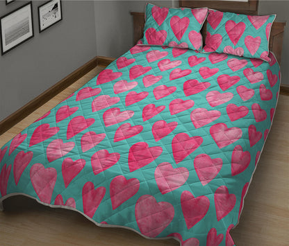 Pink And Teal Watercolor Heart Print Quilt Bed Set