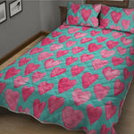 Pink And Teal Watercolor Heart Print Quilt Bed Set
