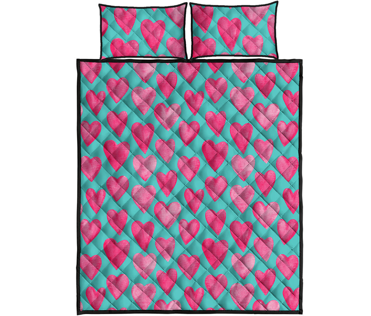 Pink And Teal Watercolor Heart Print Quilt Bed Set
