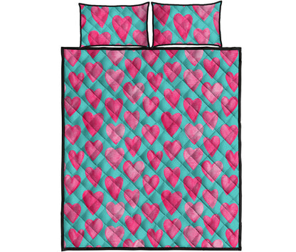 Pink And Teal Watercolor Heart Print Quilt Bed Set