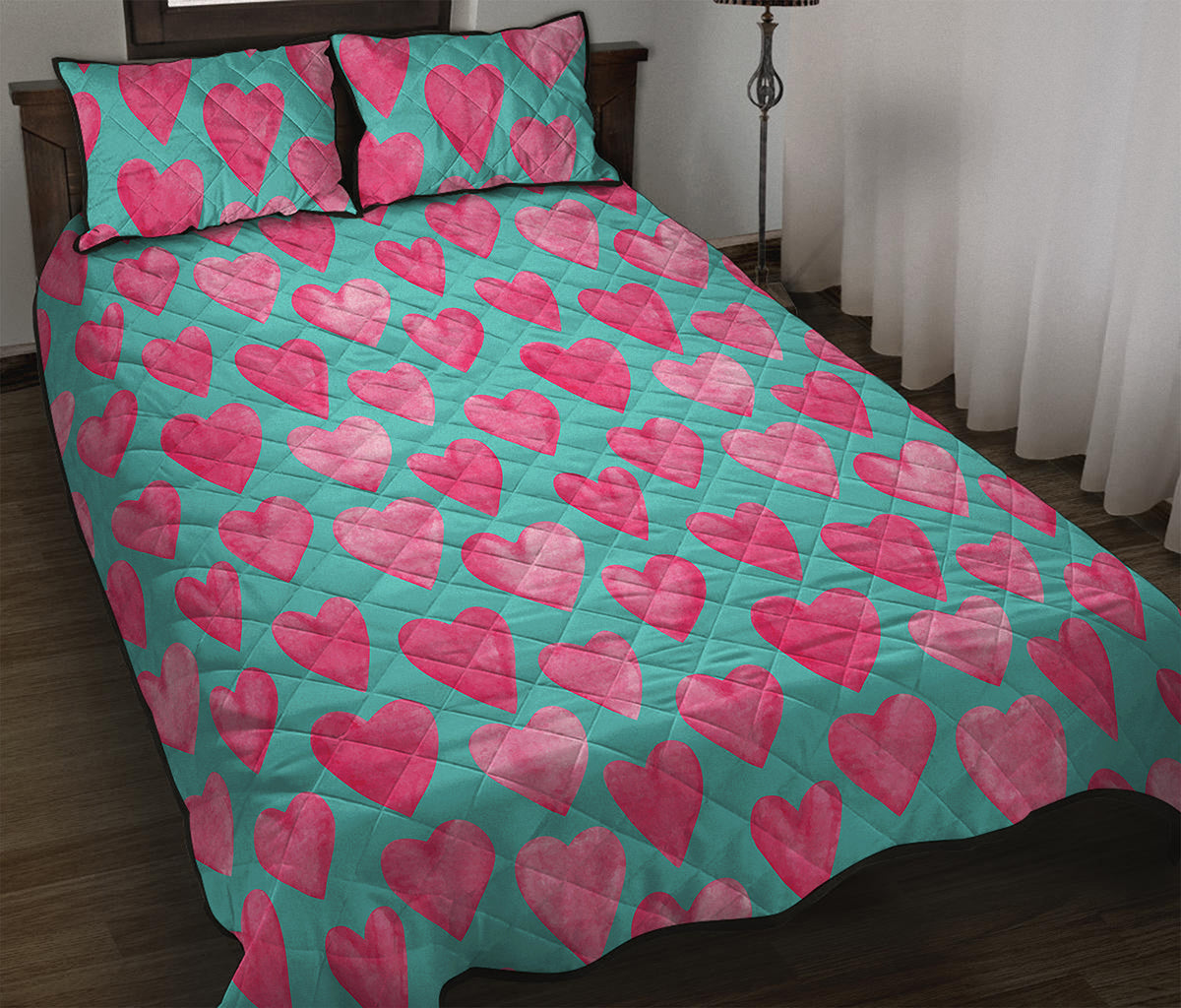 Pink And Teal Watercolor Heart Print Quilt Bed Set