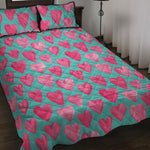 Pink And Teal Watercolor Heart Print Quilt Bed Set