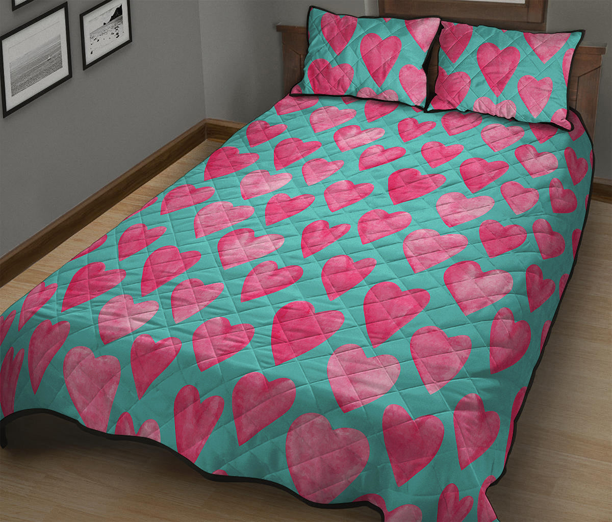 Pink And Teal Watercolor Heart Print Quilt Bed Set
