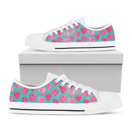 Pink And Teal Watercolor Heart Print White Low Top Shoes