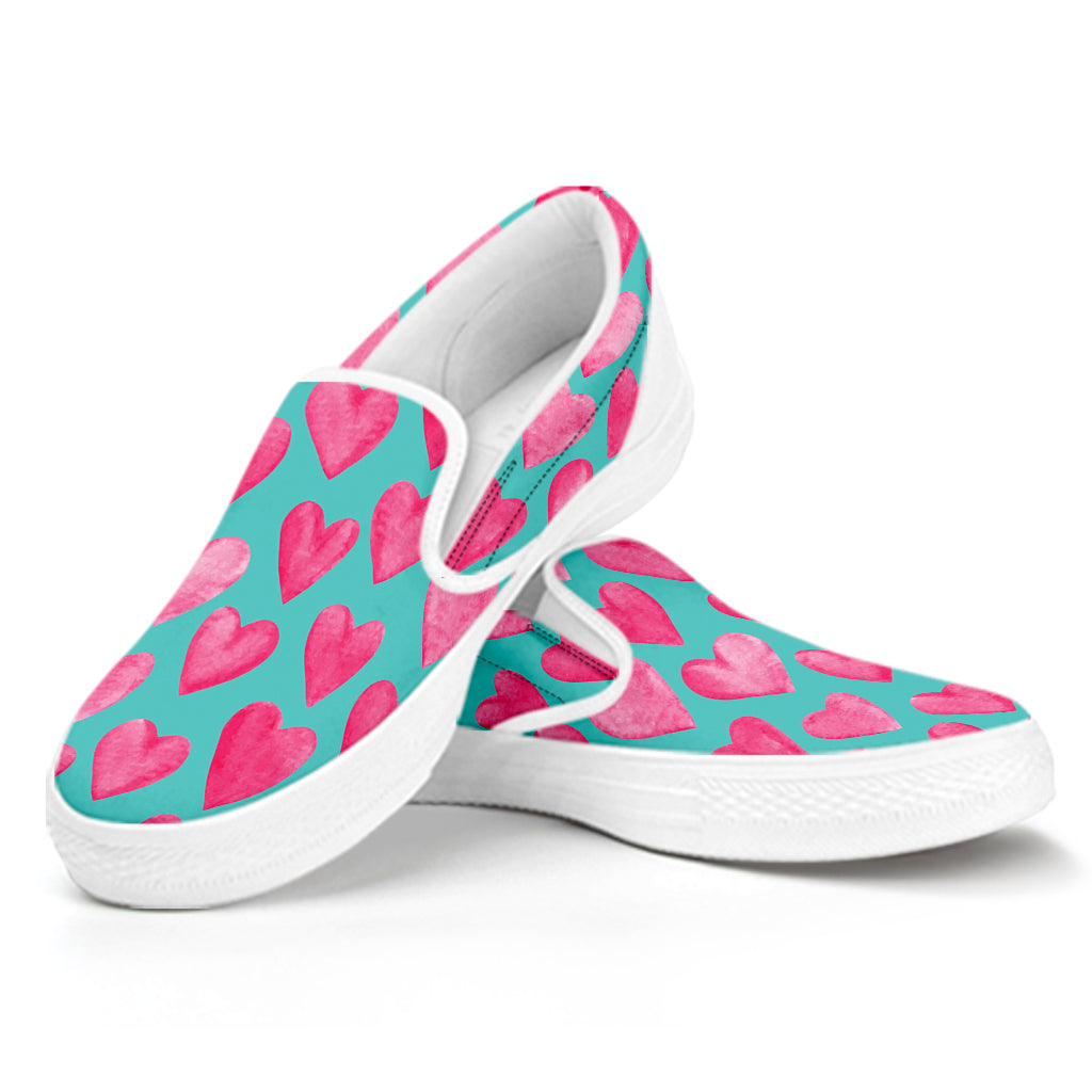 Pink And Teal Watercolor Heart Print White Slip On Shoes