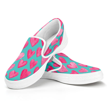 Pink And Teal Watercolor Heart Print White Slip On Shoes