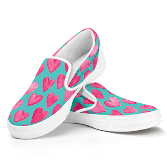 Pink And Teal Watercolor Heart Print White Slip On Shoes