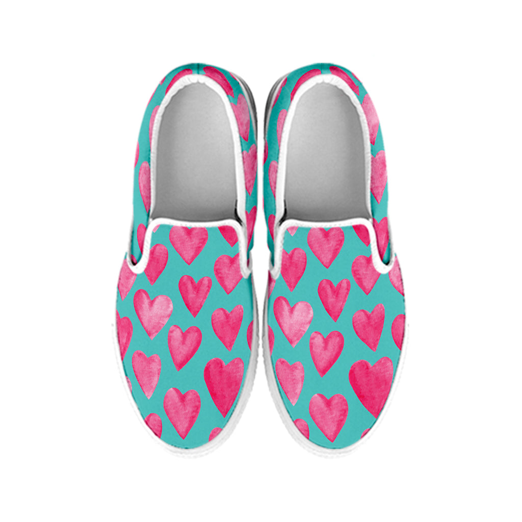 Pink And Teal Watercolor Heart Print White Slip On Shoes
