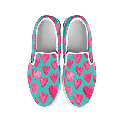 Pink And Teal Watercolor Heart Print White Slip On Shoes