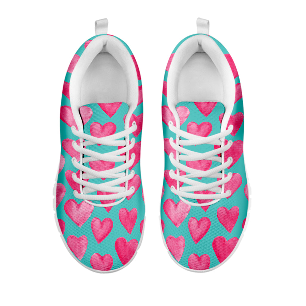 Pink And Teal Watercolor Heart Print White Sneakers