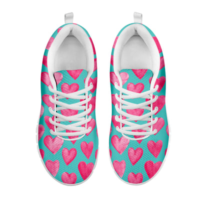 Pink And Teal Watercolor Heart Print White Sneakers