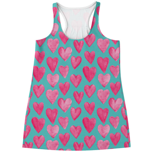 Pink And Teal Watercolor Heart Print Women's Racerback Tank Top