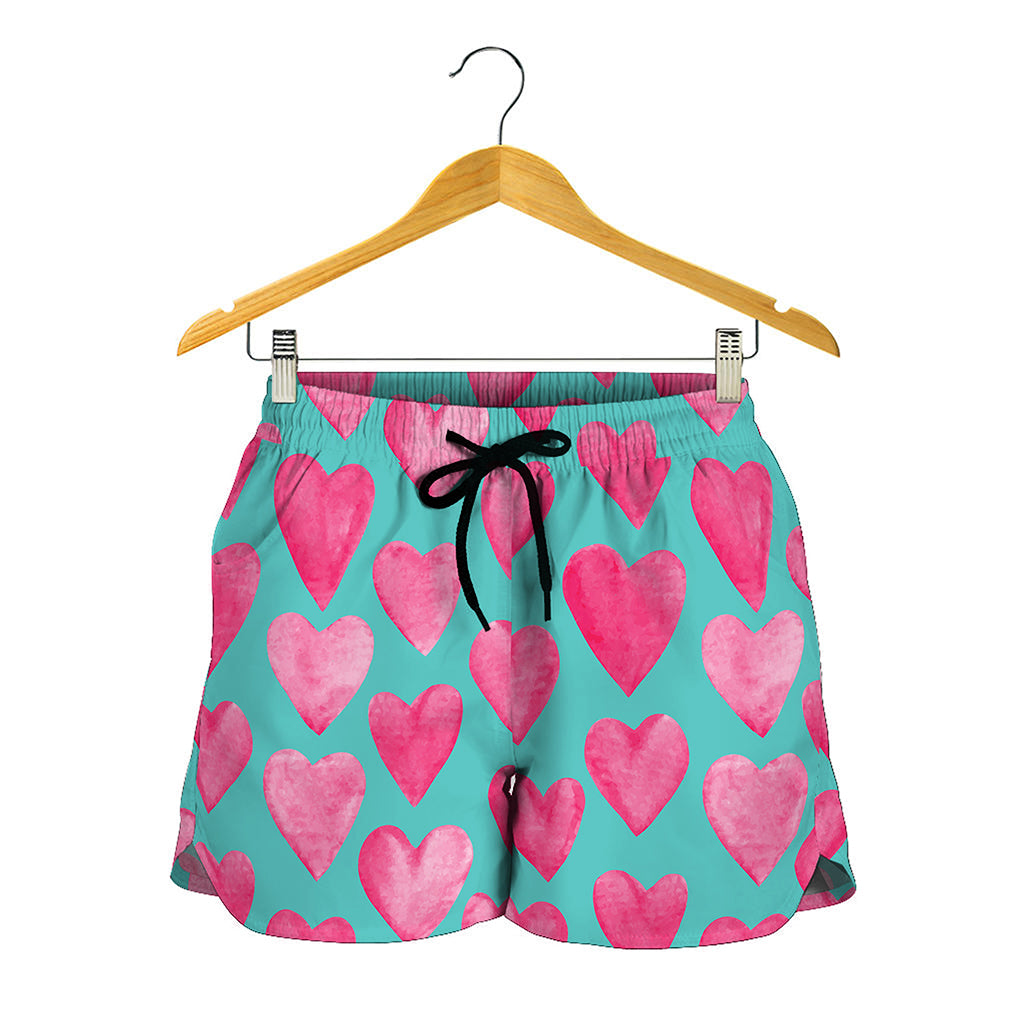 Pink And Teal Watercolor Heart Print Women's Shorts