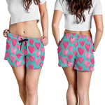 Pink And Teal Watercolor Heart Print Women's Shorts