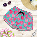 Pink And Teal Watercolor Heart Print Women's Shorts