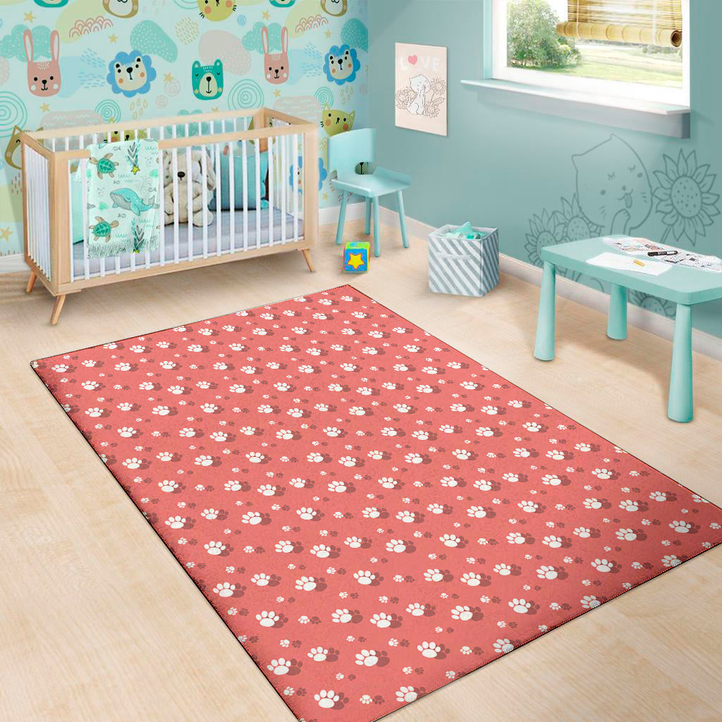 Pink And White Animal Paw Pattern Print Area Rug