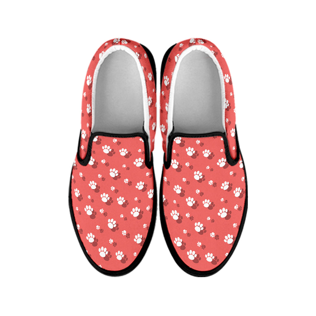 Pink And White Animal Paw Pattern Print Black Slip On Shoes