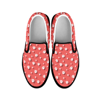 Pink And White Animal Paw Pattern Print Black Slip On Shoes