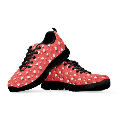 Pink And White Animal Paw Pattern Print Black Sneakers