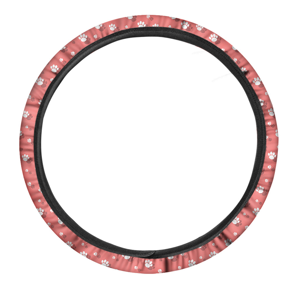 Pink And White Animal Paw Pattern Print Car Steering Wheel Cover