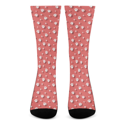 Pink And White Animal Paw Pattern Print Crew Socks